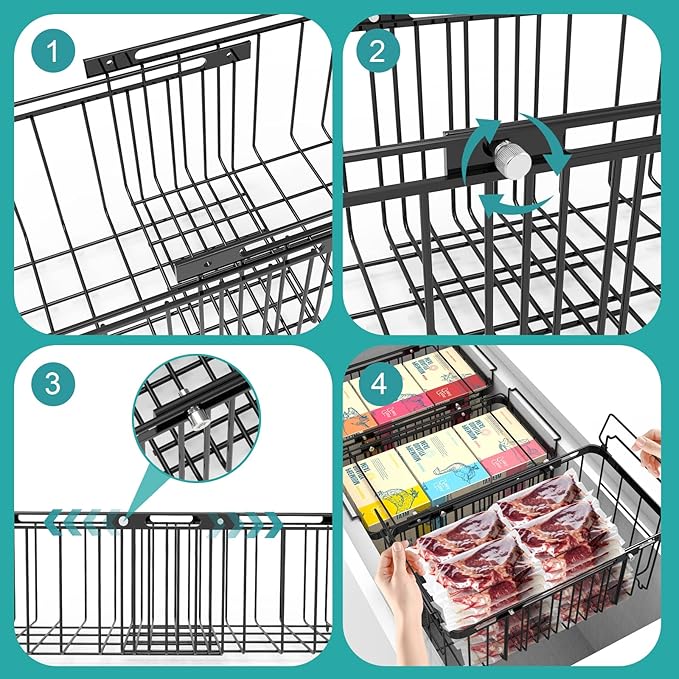Freezer Organizer Bins, 2 Pack Expandable Stackable Chest Freezer Containers with Hanging Handles, Adjustable From 14.6" to 24.8" Storage Baskets for Fridge, Deep Freezer, Cabinet, Kitchen, Pantry
