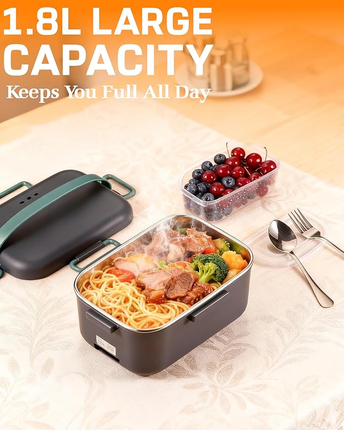 Extal-Large Electric Lunch Box Food Heater - 80W Fast Heating, 1.8L Heated Lunch Box Leak-Proof 304 Stainless Steel Portable Food Warmer, 3-in-1 (12V/24V Car/Truck & 110V Home), Ideal for Work/Travel