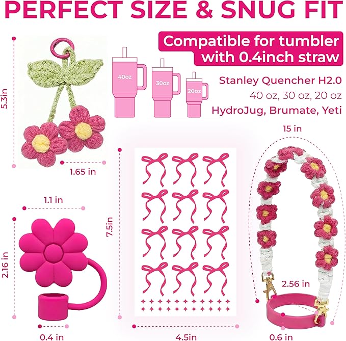 Stanley Cup Accessories Set for 40/30 oz Tumbler, Including Handle Strap, Silicone Straw Topper Cover, Charm, Original Bows Decal Sticker, Cute Birthday Gifts for Women Her Mom Daughter
