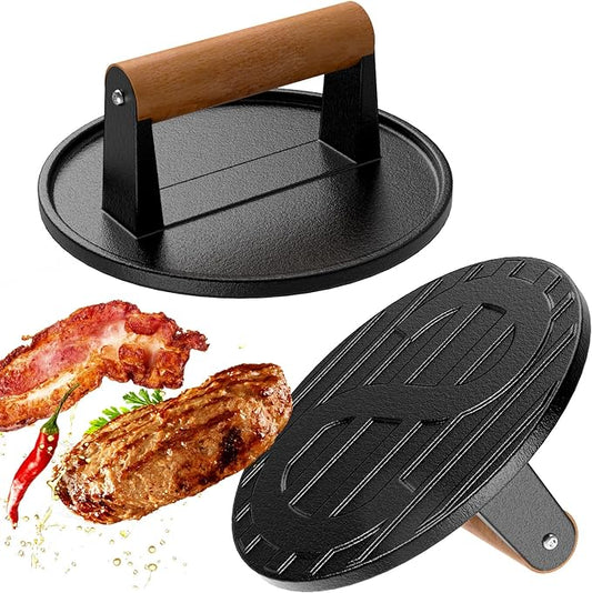 LLAMA VIVA 7.1" Smash Burger Press, Cast Iron Grill Press with Short Wood Handle - Round, Juicy and Crispy Burgers for BBQs, Cookouts - 1Pcs