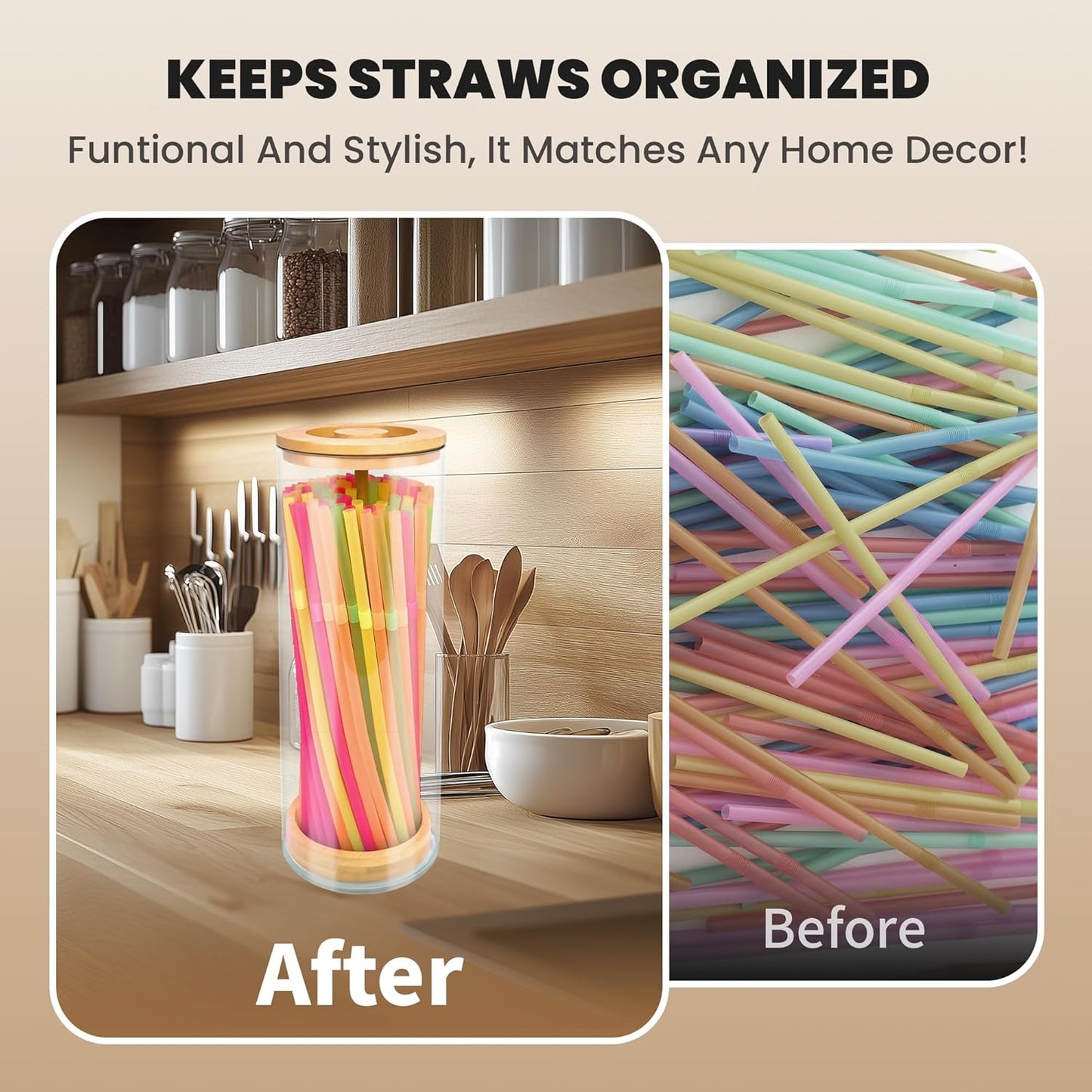 Straws Holder Dispenser for Counter, 10-Inch Drinking Straw Dispenser,Acrylic Straw Organizer with Bamboo Lid,Includes 100 Straws,Transparent Straw Storage Container for Kitchen,Pencils and Silverware