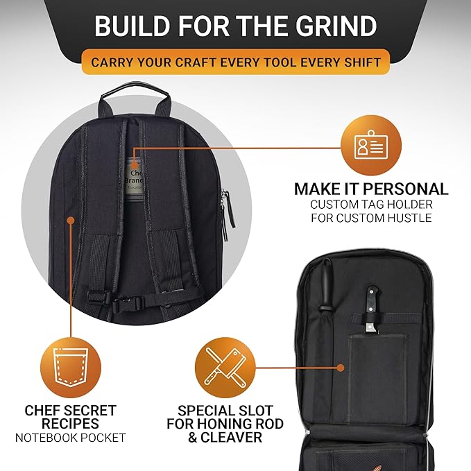 Magnet Chef Knife Backpack | 20+ Pockets for Knives & Tools | Large Pocket for Tablet & Notebooks | Knife Backpack for Chefs (Black)