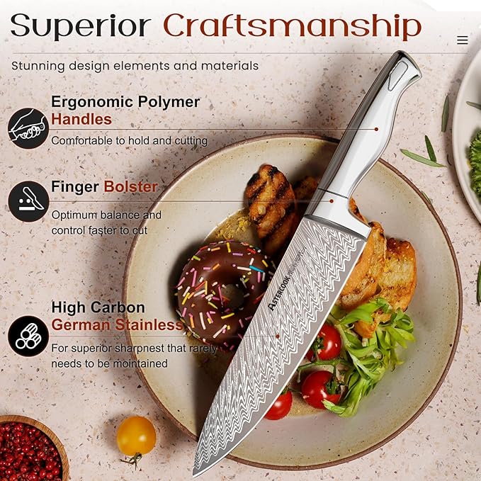 Astercook Knife Set, 15-Piece Kitchen Knife Set with Block and Built-in Sharpener, Ultra-Sharp German Stainless Steel Knife Block Set, Ergonomic Handle, Dishwasher Safe