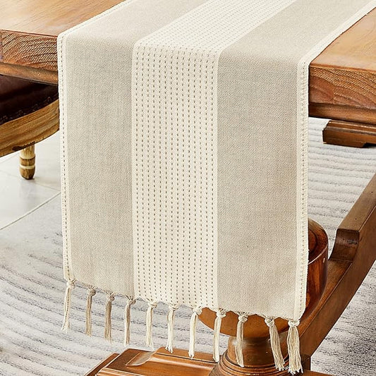 Wracra Linen Table Runner, Farmhouse Macrame Table Runners 90 Inches Long for Dining Table Decor, Wedding, Party and Dresser Decor (Light Coffee,90")