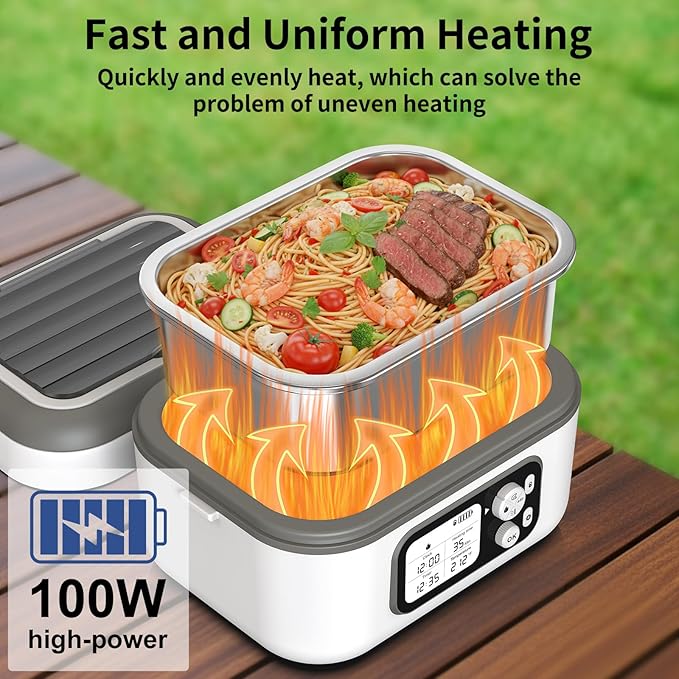 Cordless Electric Heated Lunch Box, 1.5L 6.3Cups 24000mAh Rechargeable Battery Self-Heating Lunch Box, Smart Timer, Even Heating, 100W Portable Food Warmer for Office, Picnic, Car, Outdoor