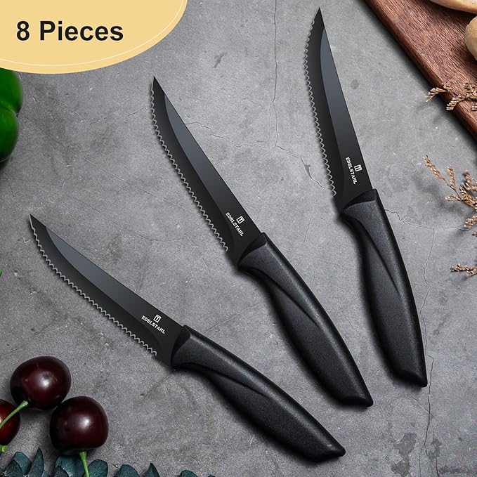 Steak Knives Set of 8,Sharp Serrated Steak Knife Set of 8,Stainless Steel Steak Knife Set,High-Carbon Steak Knives,Black Handle Steak Knifes,Ergonomic Kitchen Knives Set for Precise Cutting