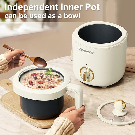 TOPWIT Hot Pot Electric Pot for Cooking, Ramen Cooker 1.2L, Non-Stick Portable Noodles Cooker for Pasta, Soup, Steak, Oatmeal, College Dorm Room Essentials, Shabu Shabu Pot with Power Adjustment,Beige
