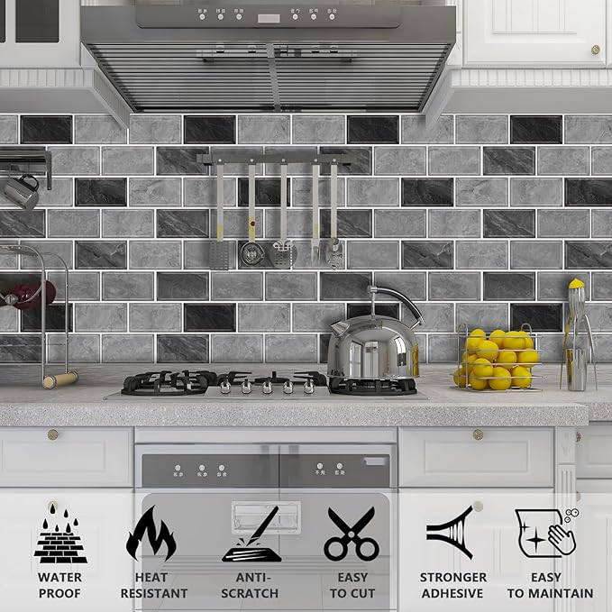 URCOLOR 10-Sheet Peel and Stick Backsplash for Kitchen,12"x12" Self Adhesive Wall Tiles Stick on Back Splashes for Bathroom Gray Marble Look