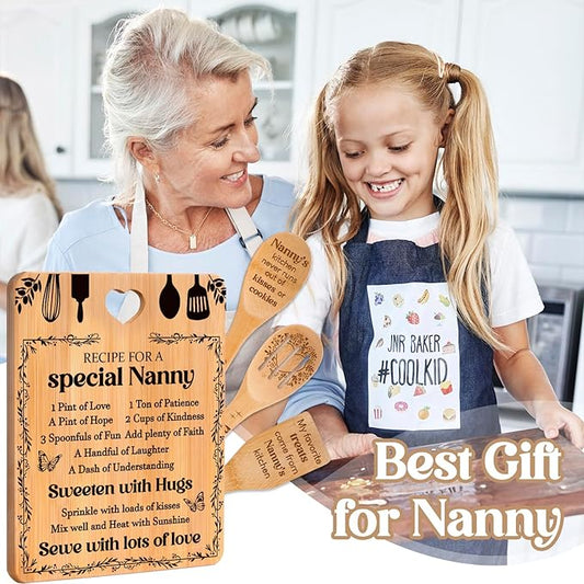 Gifts for Nanny - "Recipe for a Special Nanny" Nanny Gifts Cutting Board Set, Bamboo-Made Engraved Utensil Set Nanny Gifts for Grandma, Best Nanny Gifts
