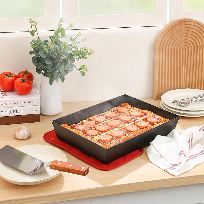 Blue Steel Detroit Pizza Pan 14x10 (Non-Stick&BPA Free) Heat-Resistant Up to 800°F, Pre-Seasoned Carbon Steel Detroit Pizza Pan, Deep Dish Pizza Authentic Steel Pan Five Years Free Replacement