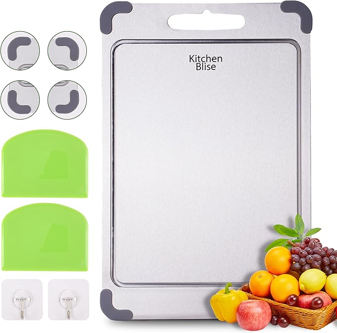 Stainless Steel Cutting Board, Double Sided Food Gradable Steel Cutting Boards for Kitchen with 2 Cleaning Scrapers, Metal Cutting Board with Grooves for Fruits (Medium)