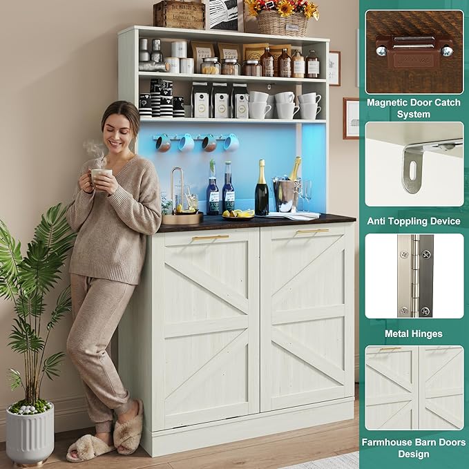 63" H Pantry Cabinets with 10 Gallon Trash Can,Led Light,Outlet,35" W Kitchen Hutch with Tilt Out Trash Can Cabinet,Farmhouse Cupboard with Large Countertop