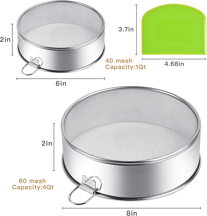 Supkiir Stainless Steel Flour Sifter, 6-Inch, 8-Inch Sieve Fine Mesh Strainer Round Sifting Pan for Baking Straining Powdering Bread Dough Cake Fondant Icing