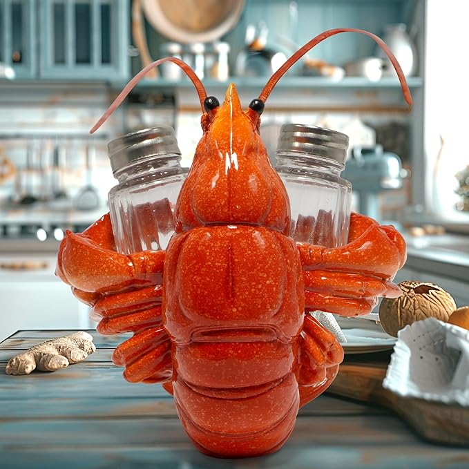 Hodao Lobster With Salt and Pepper Shaker Figurines Decoration Lobster Set with Holder Figurine for Beach Bar or Tropical Kitchen Decor Table Decor By Home Gifts For Mom (Orange)