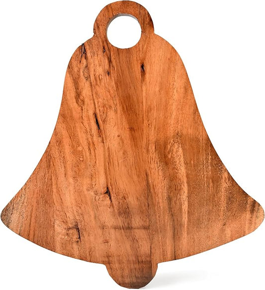 Treen Art Wooden Christmas Cutting Board for Kitchen Decor, 14"L x 13"W Bell Shaped Acacia Wood Chopping Board with Handle, Serving Charcuterie Platter