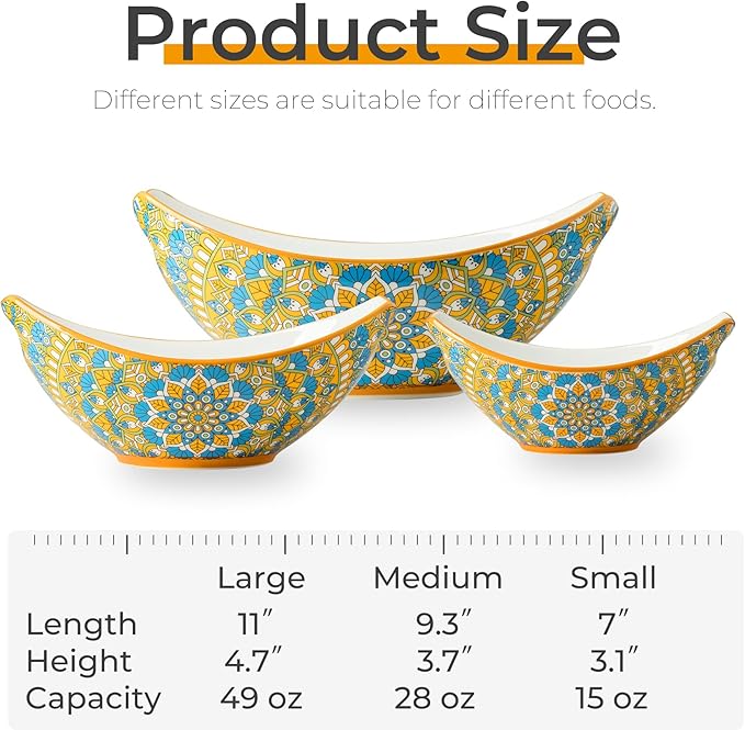 LAUCHUH Serving Dishes for Entertaining, Porcelain Serving Bowls with Handles Bohemian Salad Bowls Set Nesting Bowls for St. Patrick's Day Party, Set of 3, 15/28/49 oz, Blue and Yellow