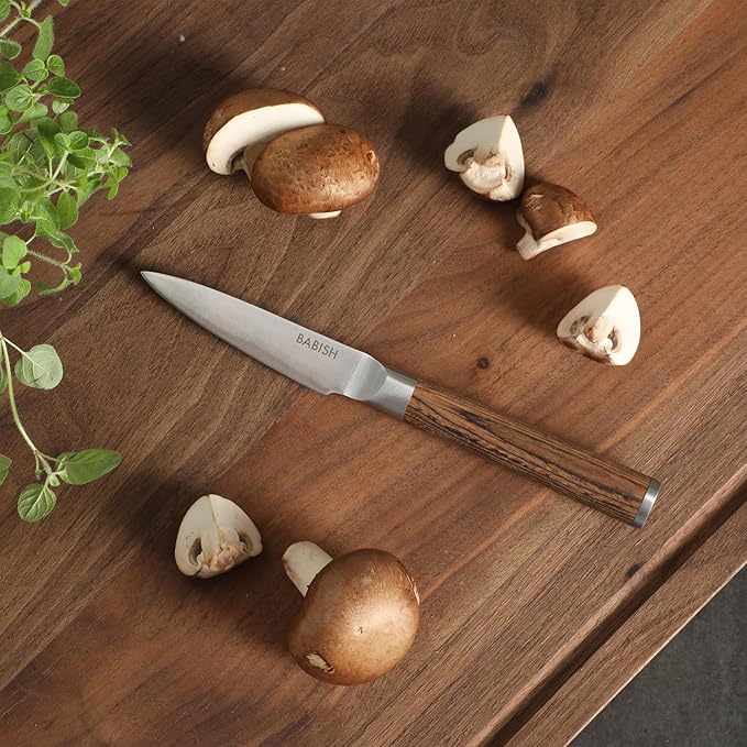 Babish German 1.4116 Stainless Steel Paring Knife with Dark Pakka Wood Handle – 3.5-Inch Precision Kitchen Knife for Peeling, Trimming & Prep Work, Full-Tang Blade