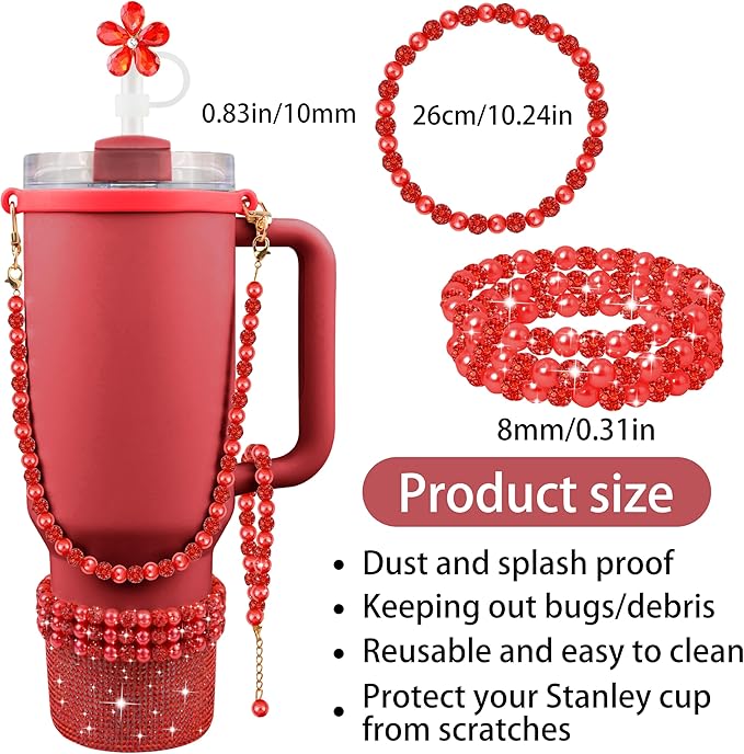 9PCS Christmas Red of Stanley Cup Accessories Set 30/40 OZ Bling Pearl Rhinestones Charms for Stanley Decorations Tumbler Accessories Including Flower Straw Topper, Rhinestones Boot 30/40 OZ