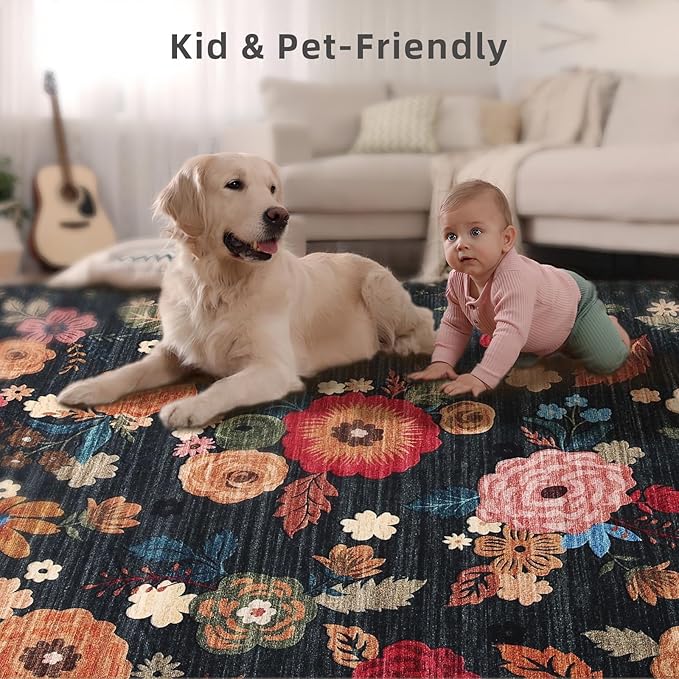 Machine Washable Runner Rug for Kitchen: 2'x6' Hallway Runner Rug Stain Resistant Non Slip Floral Floor Rug with Rubber Backing Non Shedding Soft Carpet Runners for Indoor Entryway Bedroom Bedside