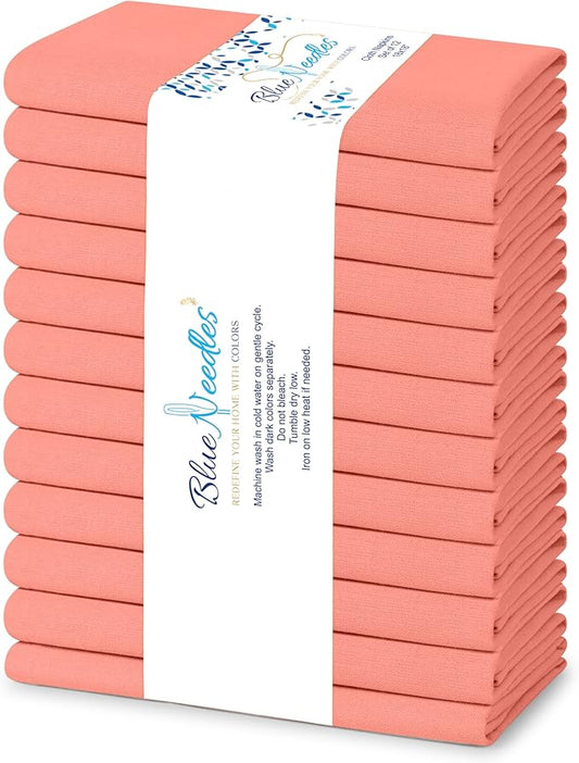 Blue Needles Solid Cloth Napkins Set of 12 Salmon 100% Cotton Dinner Napkins 18x18 inches - Soft, Reusable, Absorbent & Washable Linen, Ideal for Wedding Events, Parties & Everyday Use