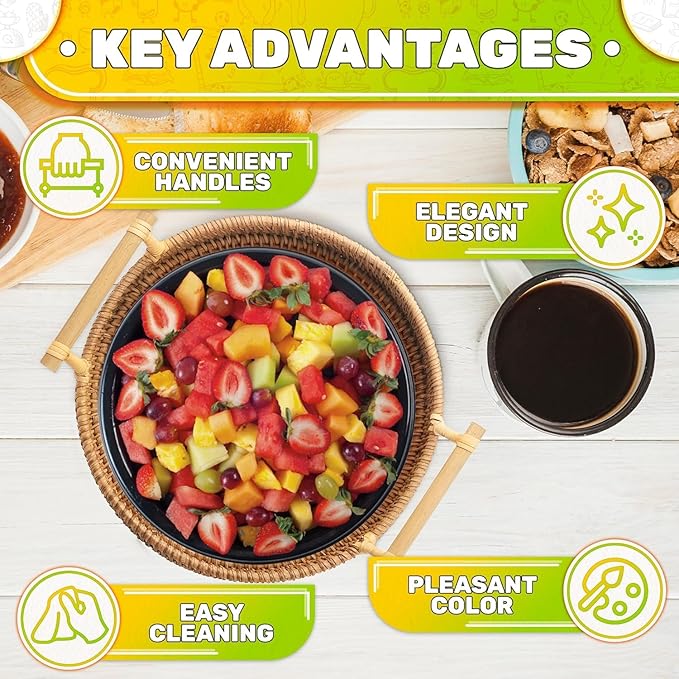 Rattan Tray 8.7-Inch Round – Woven Serving Basket with Handles – Holidays Romantic Decorative Tray for Coffee Table, Bread, Fruit, Vegetables, Restaurant & Home Use Charming Easter Styling Table Decor