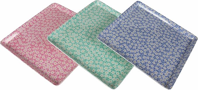GWPP 10.5" x 10.5" x 3/4" Melamine Plastic Shallow Floral Breakfast Serving Tray, Set of 3 Small Tray in 3 Colors for Restaurant or Picnic Camping (Shallow Floral Colorful Mixing)