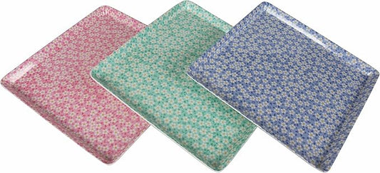 GWPP 10.5" x 10.5" x 3/4" Melamine Plastic Shallow Floral Breakfast Serving Tray, Set of 3 Small Tray in 3 Colors for Restaurant or Picnic Camping (Shallow Floral Colorful Mixing)