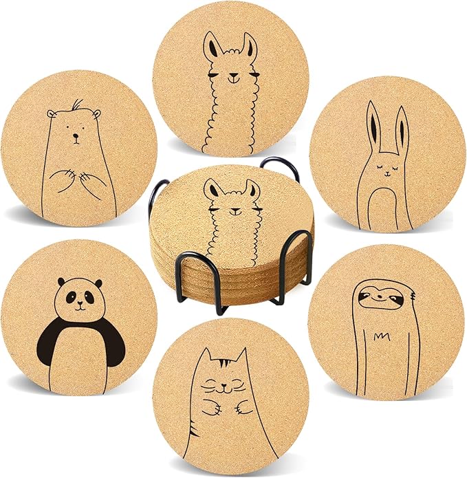 Coasters for Drinks with Holder Set of 6, Cute Animals Coaster Bulk for House Warming Gifts for New Home Couples Absorbent Cork Wood Cup Desk Coffee Table Office Kitchen Decor, Round 4"