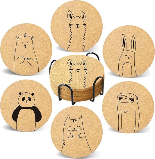 Coasters for Drinks with Holder Set of 6, Cute Animals Coaster Bulk for House Warming Gifts for New Home Couples Absorbent Cork Wood Cup Desk Coffee Table Office Kitchen Decor, Round 4"