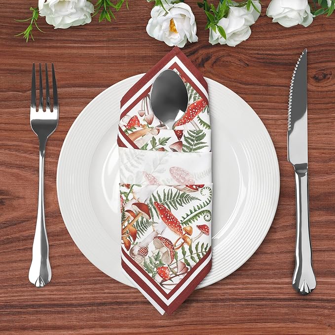 Mushroom Napkins, 18×18 Inch Floral Butterfly Dinner Cloth Napkins Set of 10, Washable Cotton Soft Absorbent Square Napkins for Dining Kitchen Party Wedding Decoration