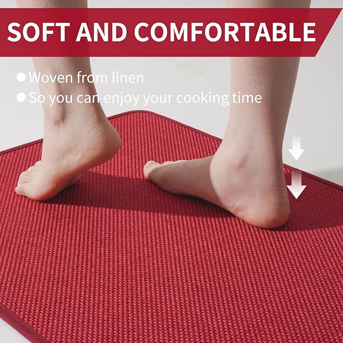 Kitchen Mats for Floor, Super Absorbent Kitchen Rugs Non Slip Washable, Soft Imitation Linen Braided Kitchen Runner Rug, Standing Mat Kitchens Sink Mat, Easy to Clean, Red 17x71