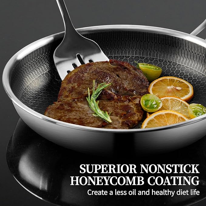 CADIVIZZO Stainless Steel Frying Pan with Lid - 9.5 Inch Nonstick Frying Pan with Lid, Honeycomb Stainless Steel Skillet Omelet Chef's Pan with Stay Cool Handle, Induction Compatible, PFOA Free