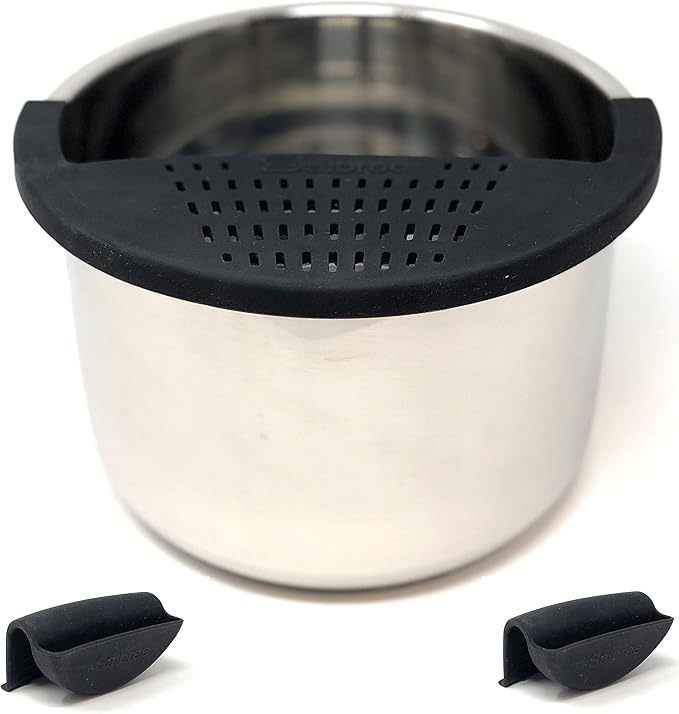 Salbree Silicone Snap Strainer fits the 6qt Instant Pot and Snaps to the 6 quart Instapot Pressure Cooker Inner Pan Small Mitts Set Included, for Straining Vegetable and Ground Beef Grease (black)