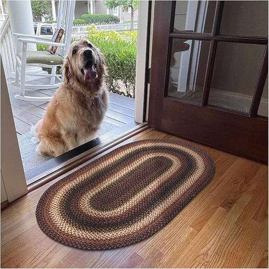 Oval Jute Braided Rug – All Natural Fiber 20" x 30" Area Rug, Made with Natural Jute Twine – A Reversible Rug for Rustic Home Décor – Homespice Prescott Oval Jute Rug 20" x 30" with Black, Red, Brown
