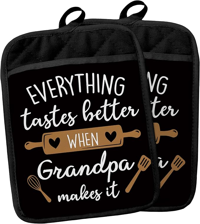 Grandpa Gifts Pot Holders with Pockets, Everything Tastes Better When Grandpa Makes It Pot Holders Heat Resistant Oven Mitts Hot Pads for Kitchen Baking Cooking,Potholders for Kitchens
