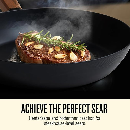 Alva Forest 4-Piece Carbon Steel Frying Pan Set – Naturally Nonstick, Pre-Seasoned, with Acacia Wood Handle, Made Without PTFE, PFOA, PFAS – Sustainable Belgian Design, Induction & All-Stovetop Safe