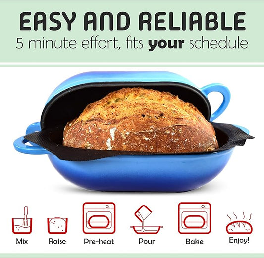 LoafNest: No-Knead Artisan Bread Kit. Incredibly easy! Cast Iron Dutch Oven [2 qt] and Perforated Non-Stick Silicone Liner.