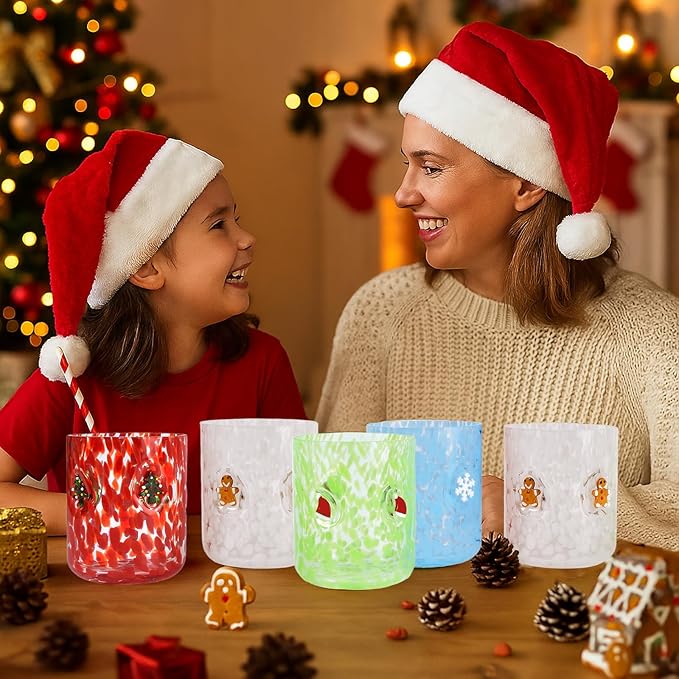 4 PCS 14 Ounce Christmas Icon Juice Glasses,Christmas Drinking Cups,Four Colors and Patterns,Strong and Durable Glasses Are The Great Gifts for Friends!