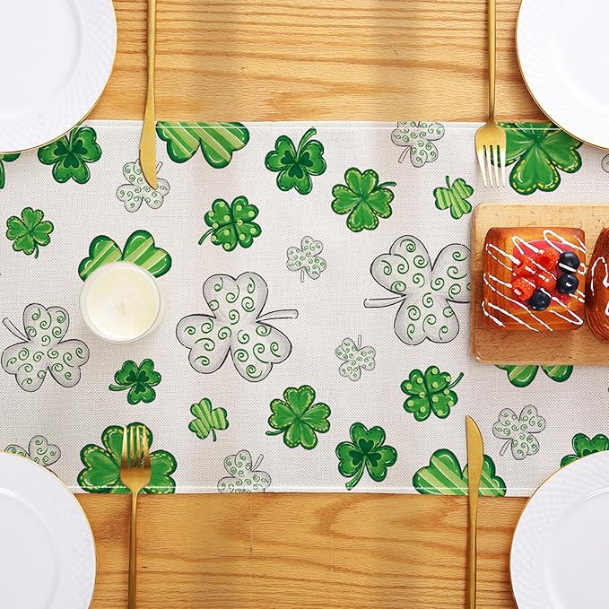 St. Patrick's Day Table Runner Decorations,Green Lucky Shamrock Linen Spring Table Runner Seasonal Holiday Kitchen Dining Table Decoration for Indoor Outdoor Home Party Decor 13 x 72 Inch