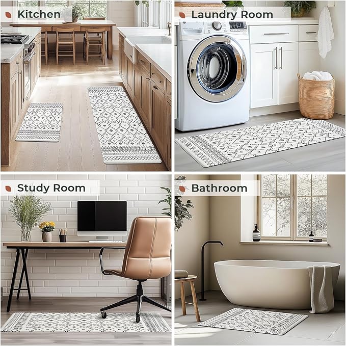 FRESHMINT Anti Fatigue Kitchen Mats for Floor 2 Piece Set, Waterproof & Non-Skid Moroccan Geo Kitchen Rugs, Cushioned Kitchen Mat for Standing Washable Comfort Desk Kitchen Runners, 17x30''+17x47''