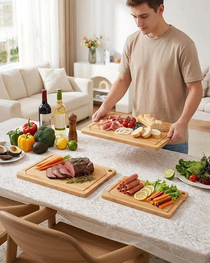 Kitsure Cutting Board Set - 3-Piece Wooden Cutting Boards for Kitchen with Juice Groove, Handles, Hang Holes, Stylish Kitchen Essentials for Chpping & Serving, Natural, 0.4"Th - (L+M+S)