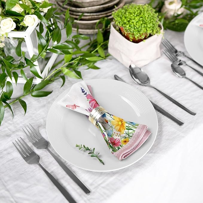 Wildflower Napkins, 18×18 Inch Butterfly Dinner Cloth Napkins Set of 6, Washable Cotton Soft Absorbent Square Napkins for Dining Kitchen Party Wedding Decoration