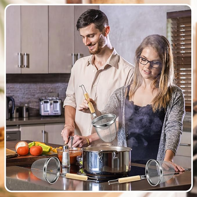 Patelai 8 Pcs Pasta Strainer Basket 5.5"x5.5" Stainless Steel Noodle Strainer with Wood Handle Kitchen Round Base Mesh Spider Basket Skimmer Food for Pasta, Ramen, Dumplings, and Deep-fried Foods