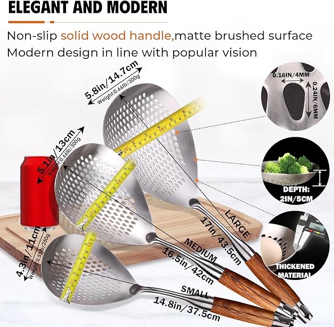 MARTE Skimmer Slotted Spoon Set of 3-304 Stainless Steel Spider Strainer Tools Ladle Spoon with Handle for Cooking and Frying - Kitchen Large Pasta Strainer Frying Colander - 14.8In,16.5In,17In