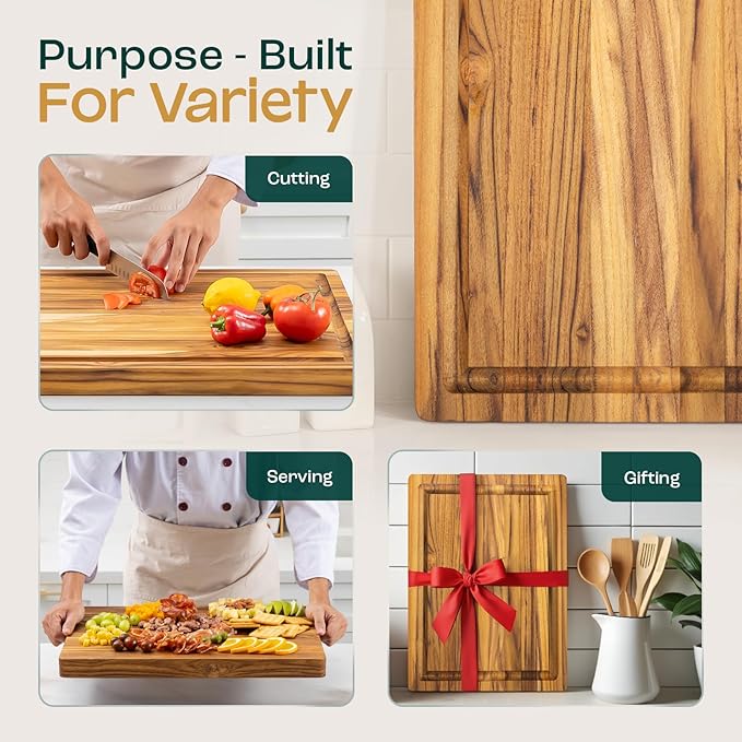 Yes4All Solid Teak Cutting Boards for Kitchen, [17''L x 13''W x 1.5” Thick] Medium Edge Grain Butcher Block Cutting Board, Food Surface Wood Cutting Boards with Juice Grooves and Easy Grip Handle
