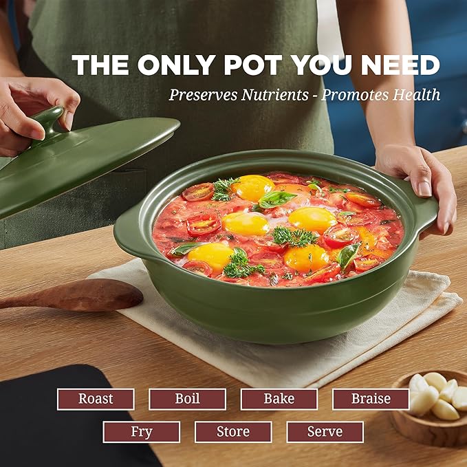 MINH LONG 1-Qt Porcelain Dutch Oven with Lid – Lead & Cadmium Free, Oven Safe to 482°F, Heat Retention, Clay Pot for Cooking on Gas & Infrared Cooktop, Use to Marinate, Cook, Bake, Refrigerate & Serve