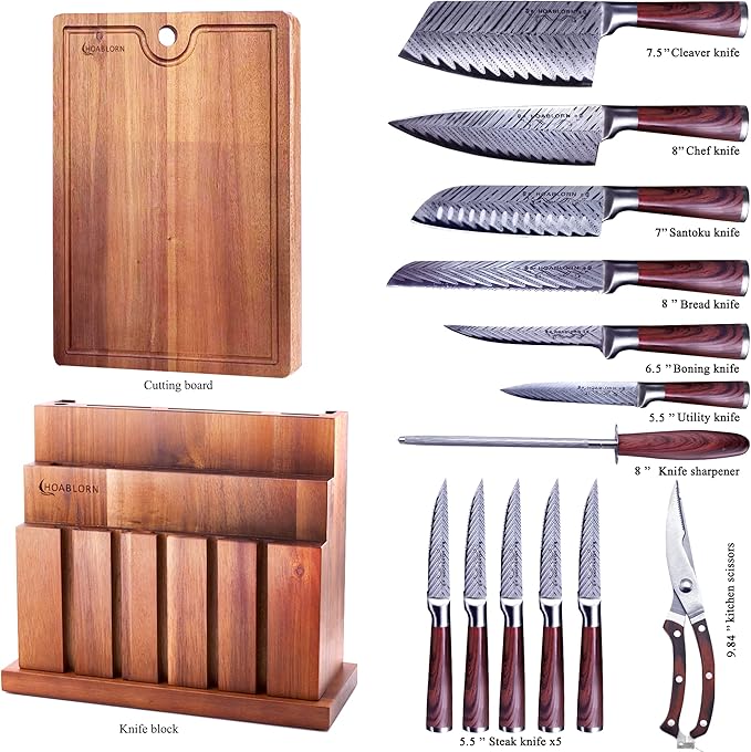 Knife Set With Block Created 20 pcs Block Knives Set HOABLORN Chef's Set: AK01, Extra Cutting Board in a Luxurious Knife Holder, Big Value and Elegant Kitchen Set for Wedding & Housewarming