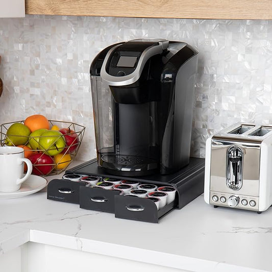 Mind Reader Single Serve Coffee Pod Organizer with 3 Drawers, 36 Pod Capacity, 13.5"L x 12.25"W x 2.5"H, Black