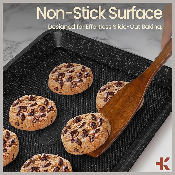 Diamond Bottom Cookie Sheet Set of 2, Nonstick Gray Marble Carbon Steel Baking Pans for Crisp Baking, Space-Saving Stackable Trays, PFOA, PFOS, PTFE Free, Oven Safe Up to 450°F, Small & Medium Pans