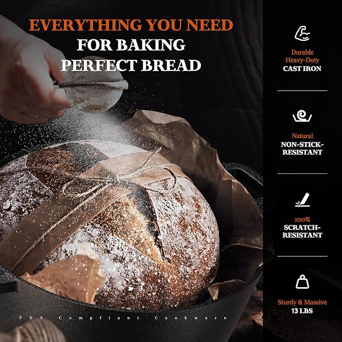Slow Slog Cast Iron Dutch Oven for Bread Baking, 5QT Cast Iron Bread Pan with Lid, Sourdough Baking Supplies Tools like Banneton Proofing Basket, Bread Dutch Oven